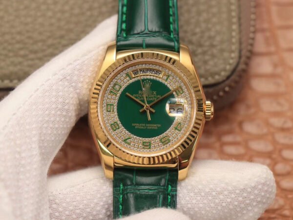 1:1 SUPER REPLICA ROLEX DAY-DATE 36MM GREEN ENAMEL DIAMOND GYPSOPHILA GOLD DIAL WATCH