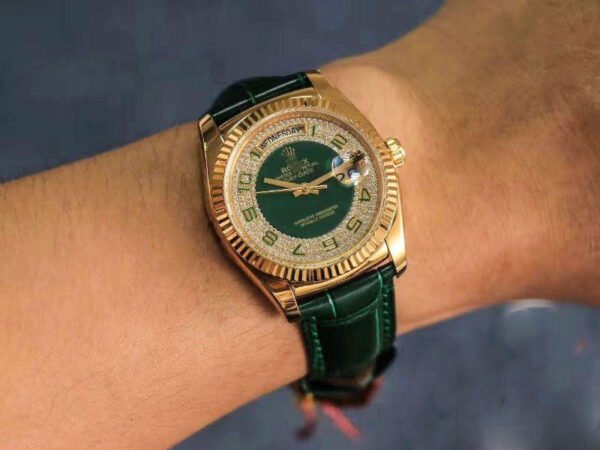 1:1 SUPER REPLICA ROLEX DAY-DATE 36MM GREEN ENAMEL DIAMOND GYPSOPHILA GOLD DIAL WATCH