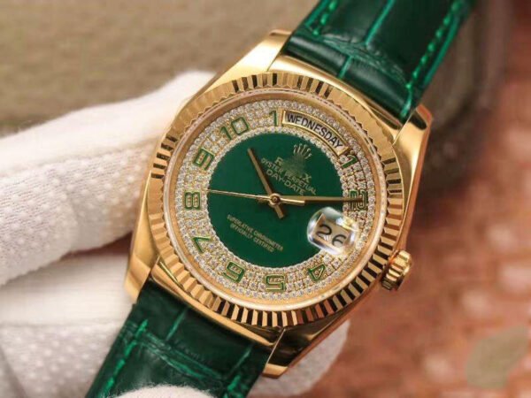 1:1 SUPER REPLICA ROLEX DAY-DATE 36MM GREEN ENAMEL DIAMOND GYPSOPHILA GOLD DIAL WATCH